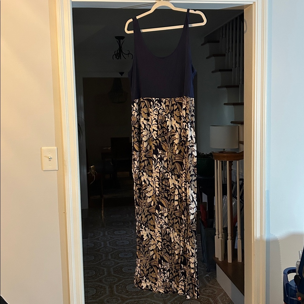 LOFT Navy Blue, Tan and White Floral Maxi Dress - L
